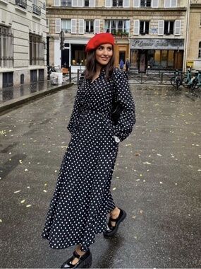 NWT ZARA POLKA DOT PRINT MIDI SHIRT DRESS BLACK  Sz S